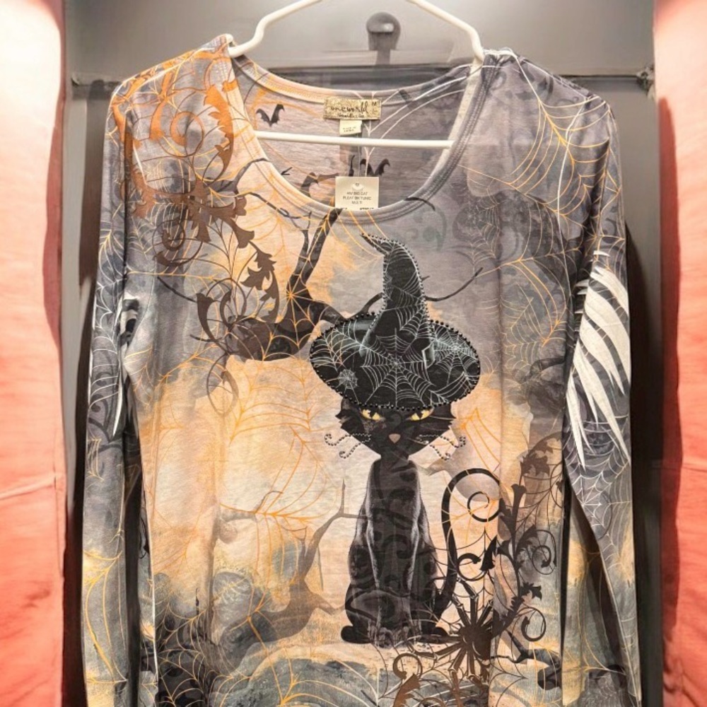 ONE WORLD Witch and Web Long Sleeve Top - Gray and Orange oversized MEDIUM - Picture 6 of 7